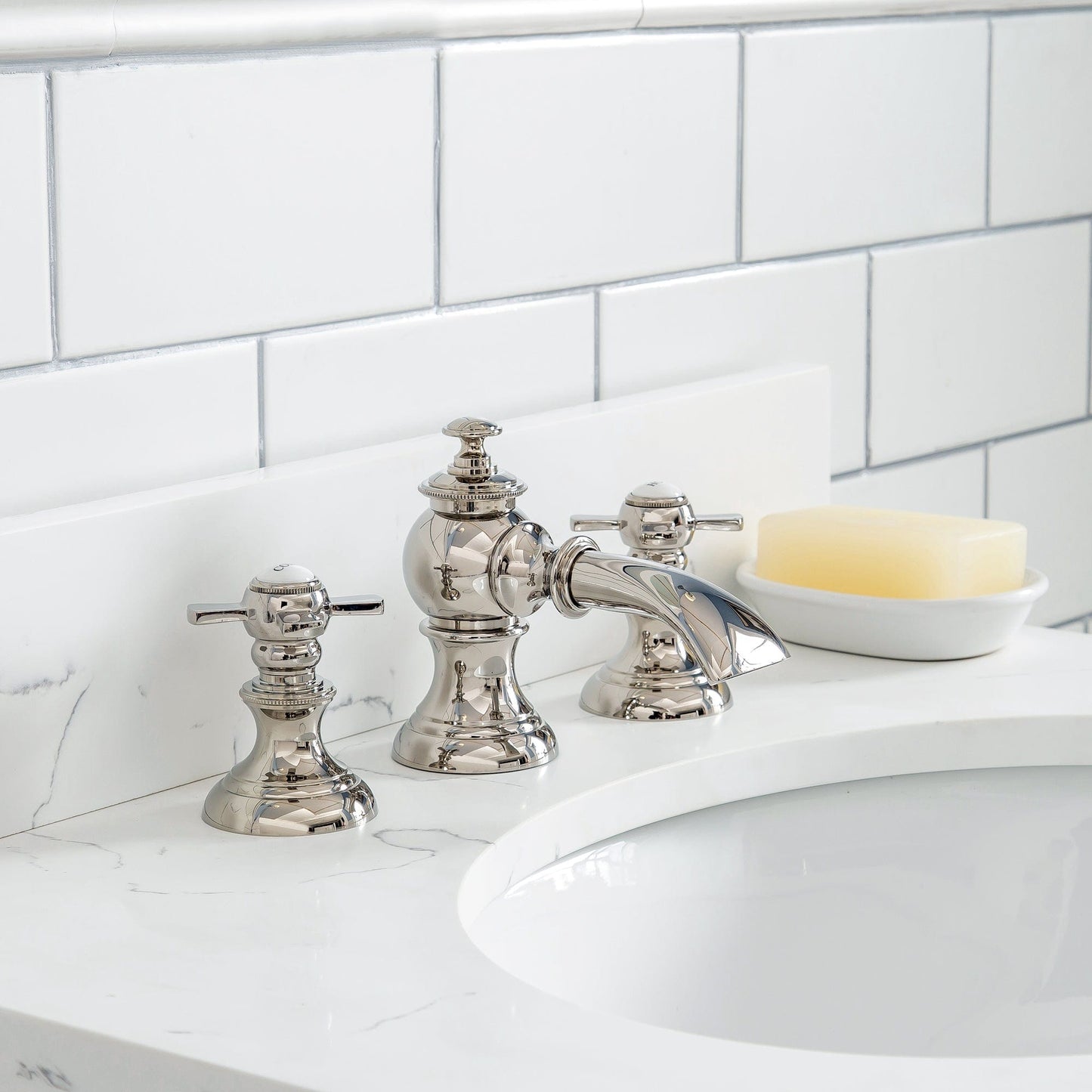 Water Creation QU24QZ05PW-Q21FX1305 QUEEN 24"W x 34"H Pure White Single-Sink Vanity with Carrara Quartz Countertop + Faucets & Mirror (F2-0013)
