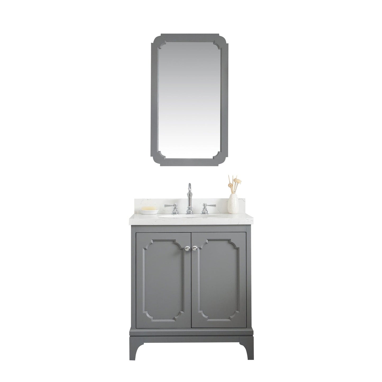 Water Creation QU30QZ01CG-Q21TL1201 QUEEN 30"W x 34"H Cashmere Gray Single-Sink Vanity with Carrara Quartz Countertop + Faucets & Mirror (F2-0012-01-TL)