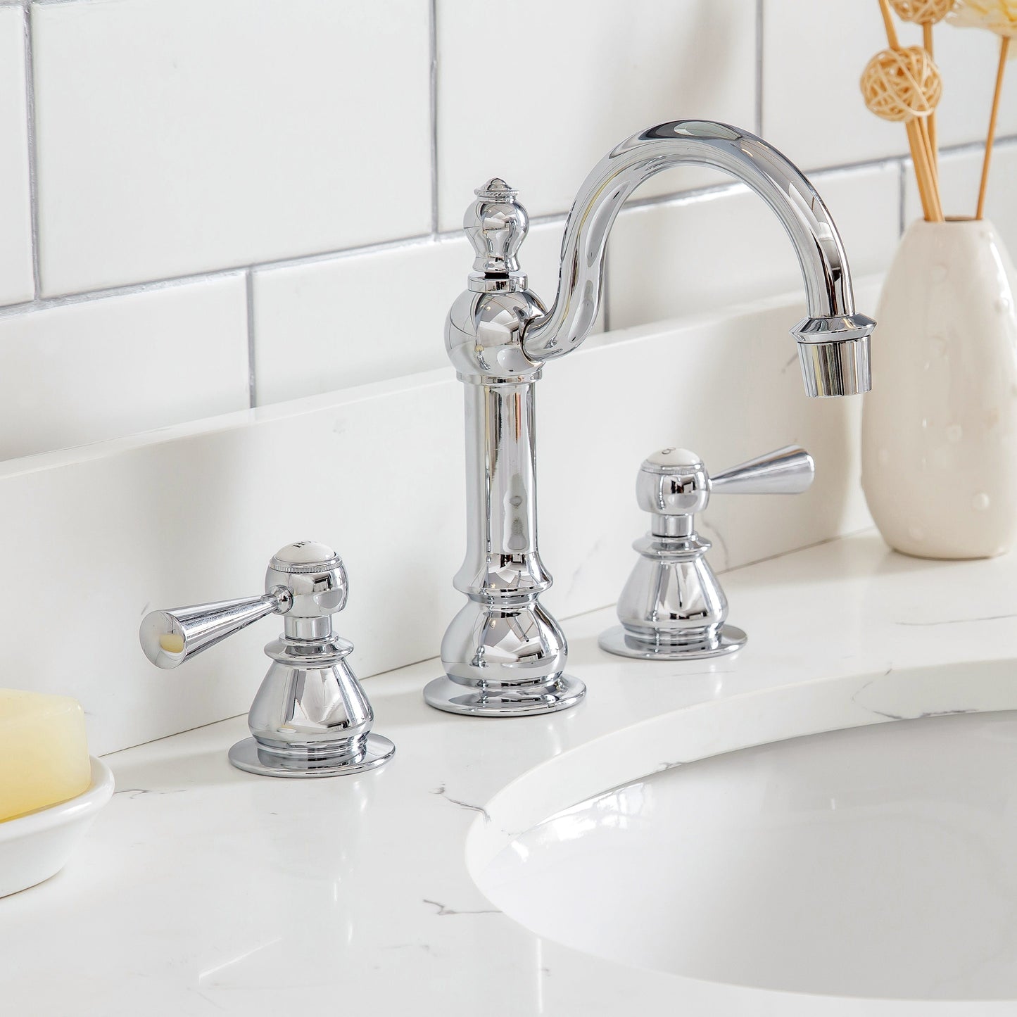 Water Creation QU30QZ01CG-Q21TL1201 QUEEN 30"W x 34"H Cashmere Gray Single-Sink Vanity with Carrara Quartz Countertop + Faucets & Mirror (F2-0012-01-TL)