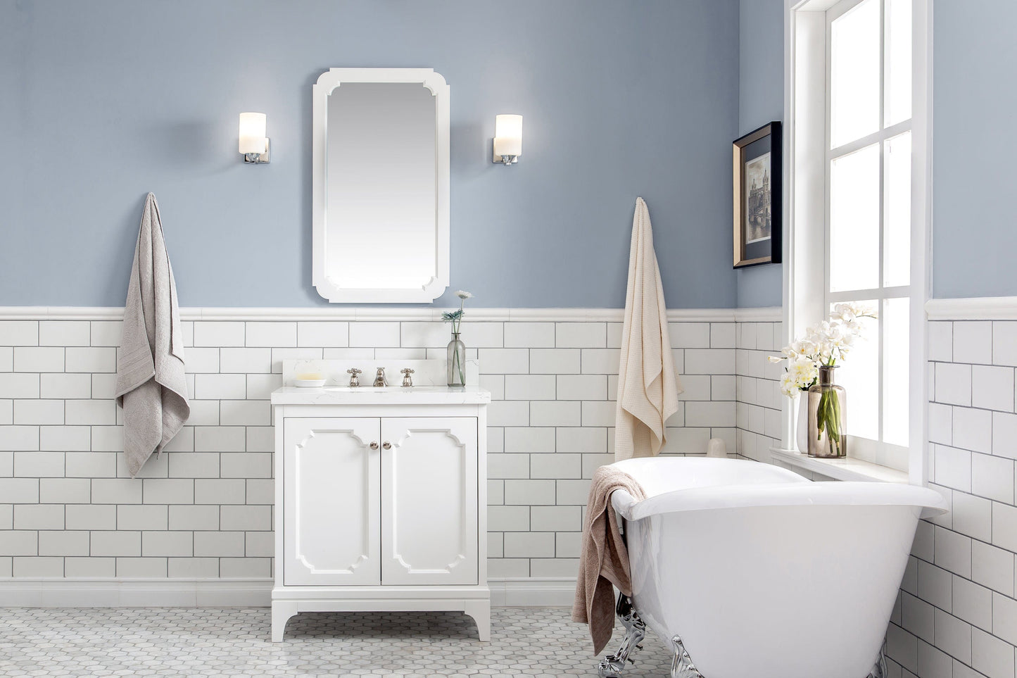 Water Creation QU30QZ05PW-Q21000000 QUEEN 30"W x 34"H Pure White Single-Sink Vanity with Carrara Quartz Countertop + Mirror
