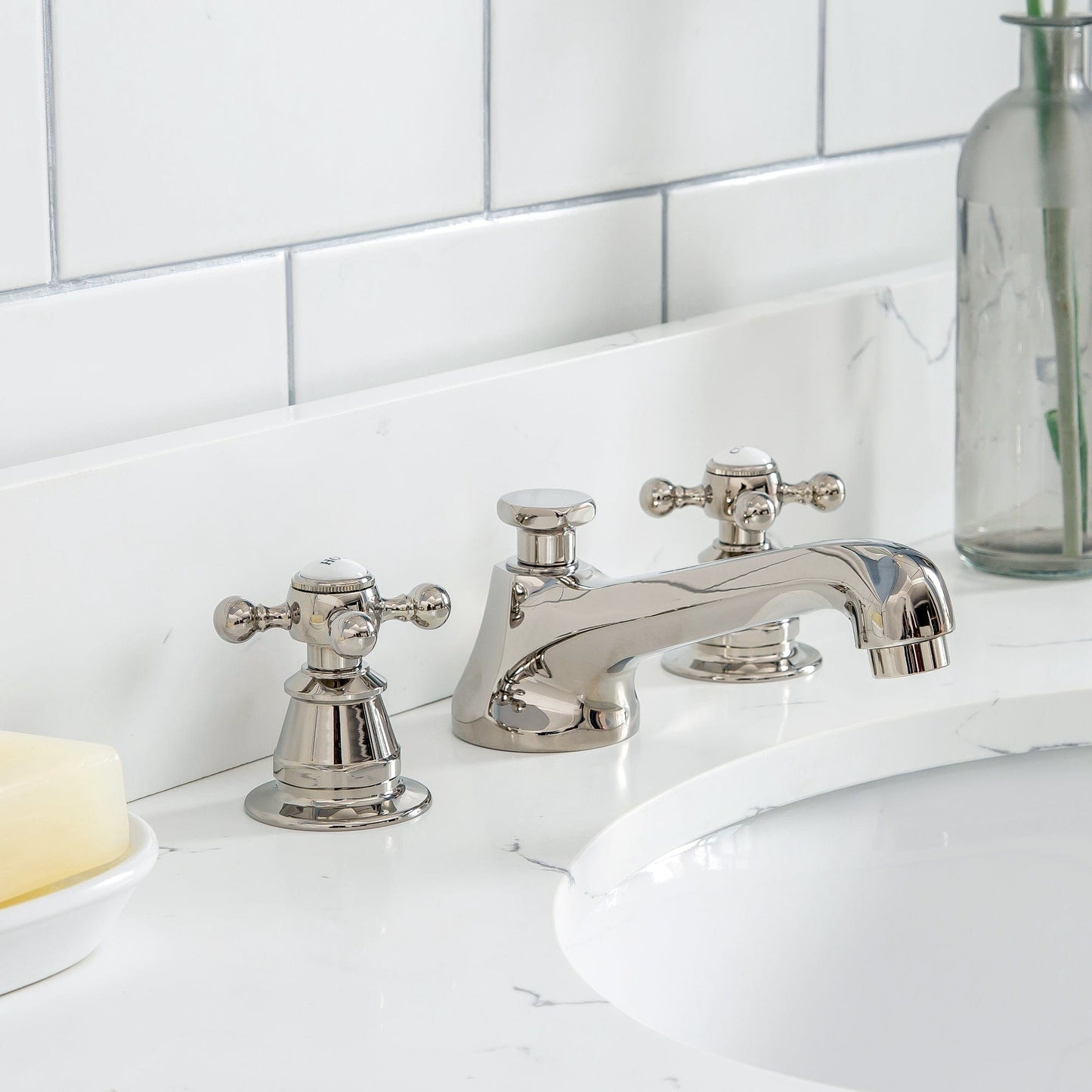 Water Creation QU30QZ05PW-Q21BX0905 QUEEN 30"W x 34"H Pure White Single-Sink Vanity with Carrara Quartz Countertop + Faucets & Mirror (F2-0009)