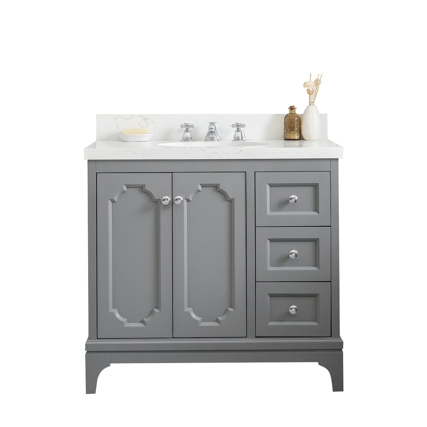 Water Creation QU36QZ01CG-000BX0901 QUEEN 36"W x 34"H Cashmere Gray Single-Sink Vanity with Carrara Quartz Countertop + Faucets (F2-0009-01-BX)