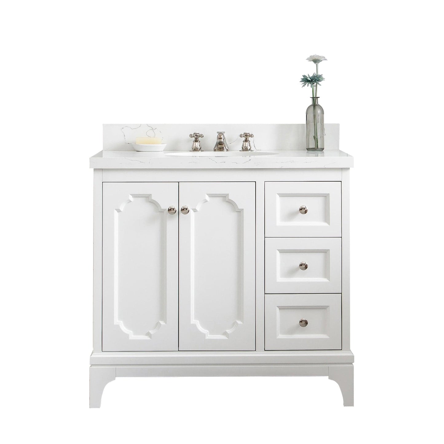 Water Creation QU36QZ05PW-000BX0905 QUEEN 36"W x 34"H Pure White Single-Sink Vanity with Carrara Quartz Countertop + Faucets (F2-0009)