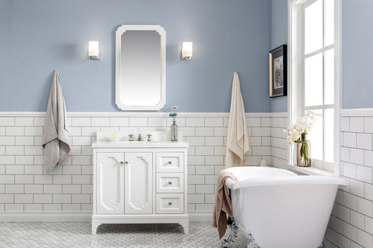 Water Creation QU36QZ05PW-Q21000000 QUEEN 36"W x 34"H Pure White Single-Sink Vanity with Carrara Quartz Countertop + Mirror