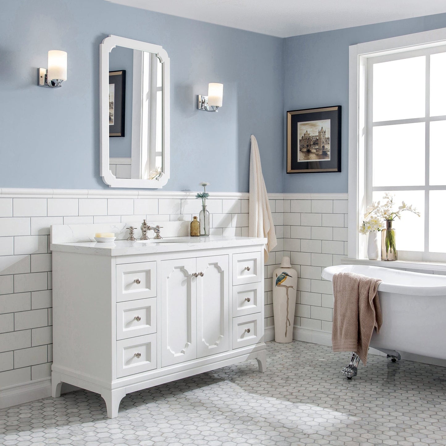 Water Creation QU48QZ05PW-000FX1305 QUEEN 48"W x 34"H Pure White Single-Sink Vanity with Carrara Quartz Countertop + Faucets (F2-0013)