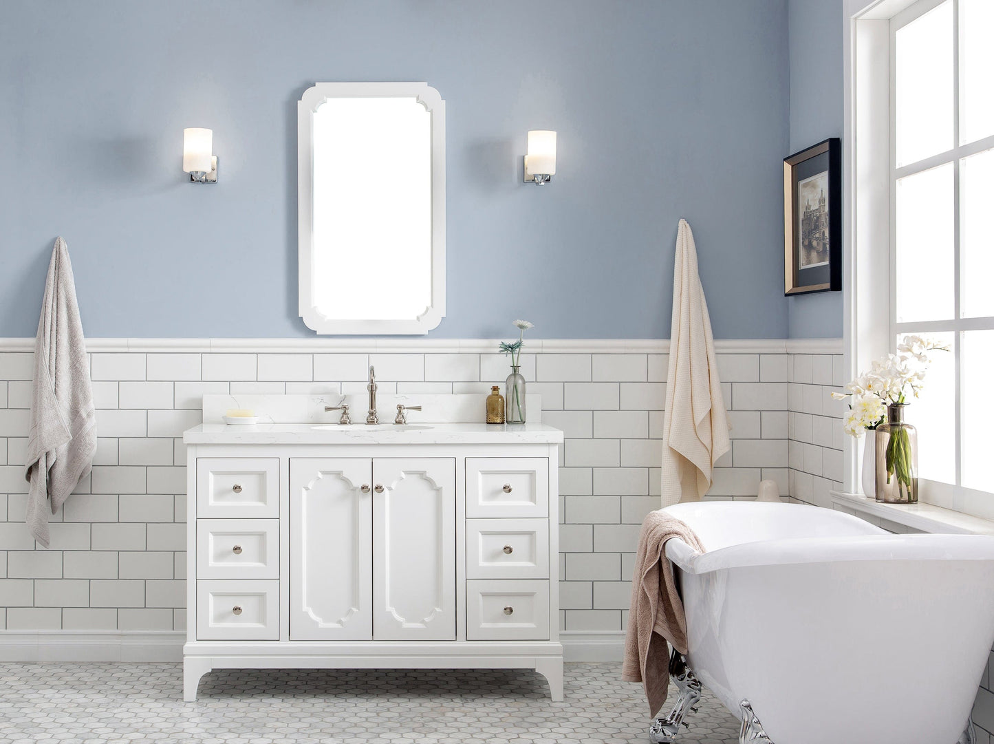 Water Creation QU48QZ05PW-000TL1205 QUEEN 48"W x 34"H Pure White Single-Sink Vanity with Carrara Quartz Countertop + Faucets (F2-0012)