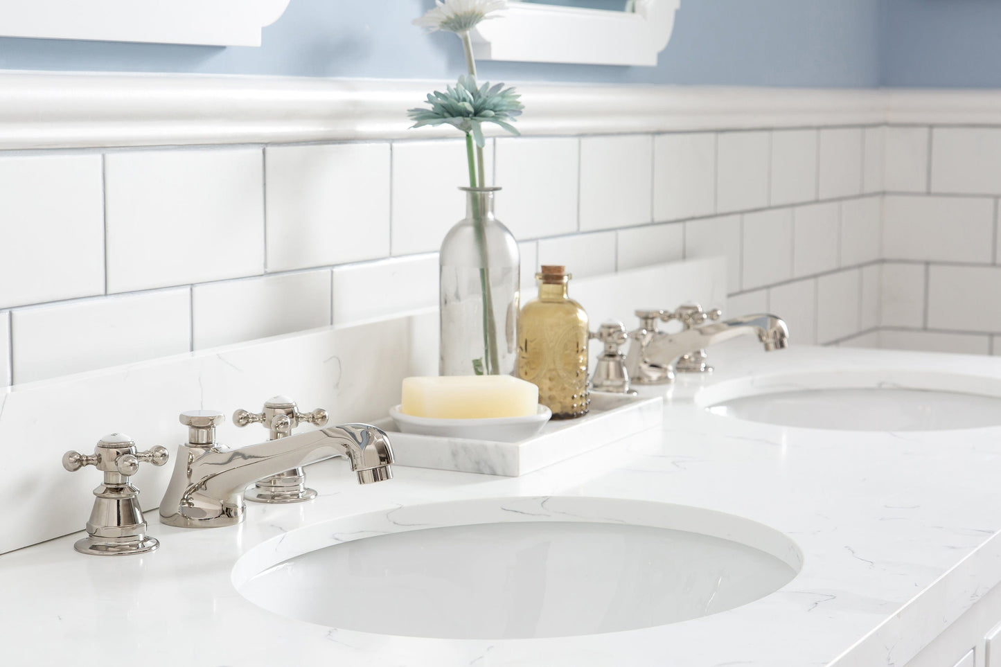 Water Creation QU60QZ05PW-Q21BX0905 QUEEN 60"W x 34"H Pure White Double-Sink Vanity with Carrara Quartz Countertop + Faucets & Mirror (F2-0009)