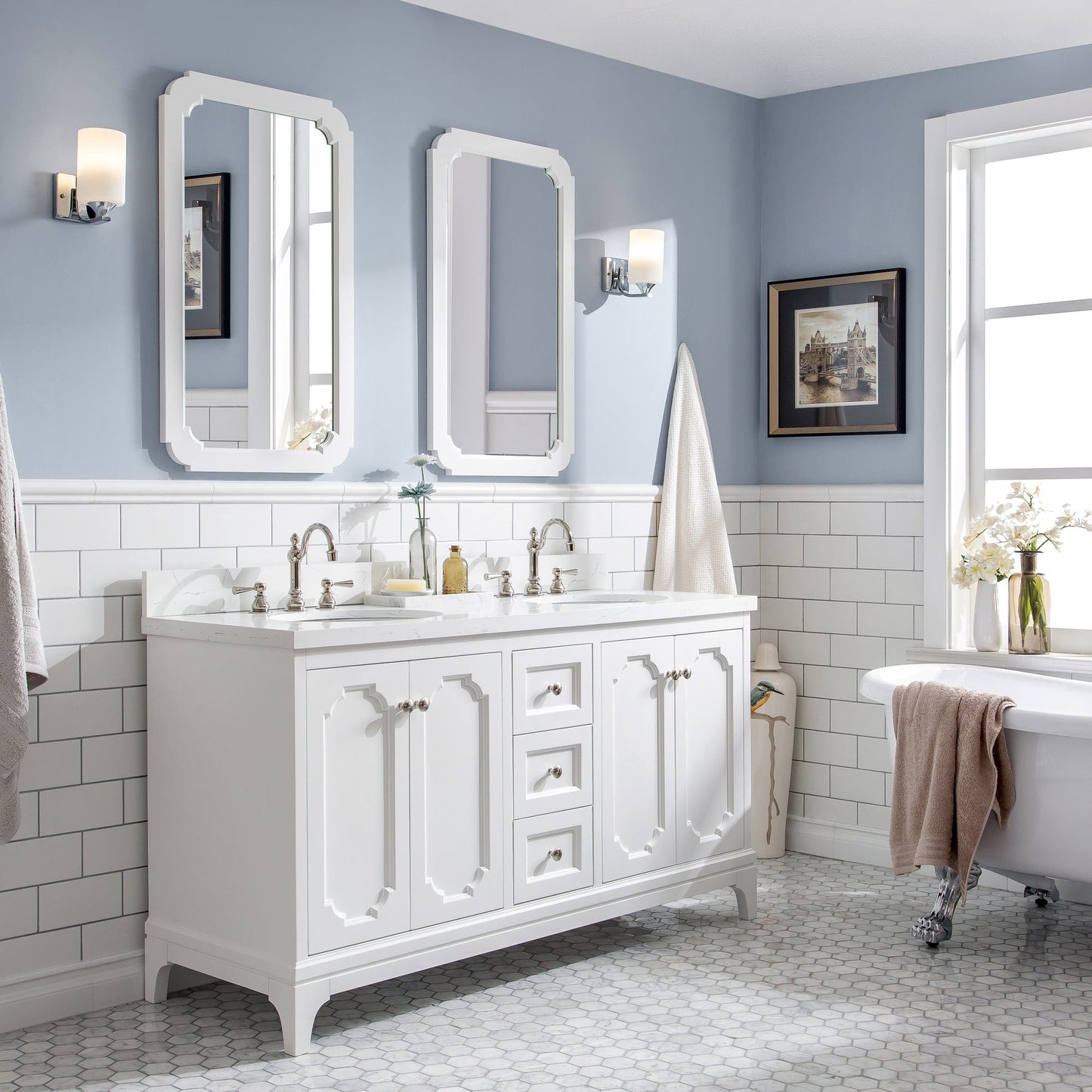 Water Creation QU60QZ05PW-Q21TL1205 QUEEN 60"W x 34"H Pure White Double-Sink Vanity with Carrara Quartz Countertop + Faucets & Mirror (F2-0012)