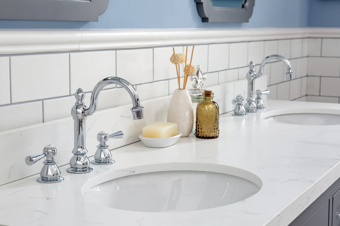 Water Creation QU72QZ01CG-Q21TL1201 QUEEN 72"W x 34"H Cashmere Gray Double-Sink Vanity with Carrara Quartz Countertop + Faucets & Mirror (F2-0012-01-TL)