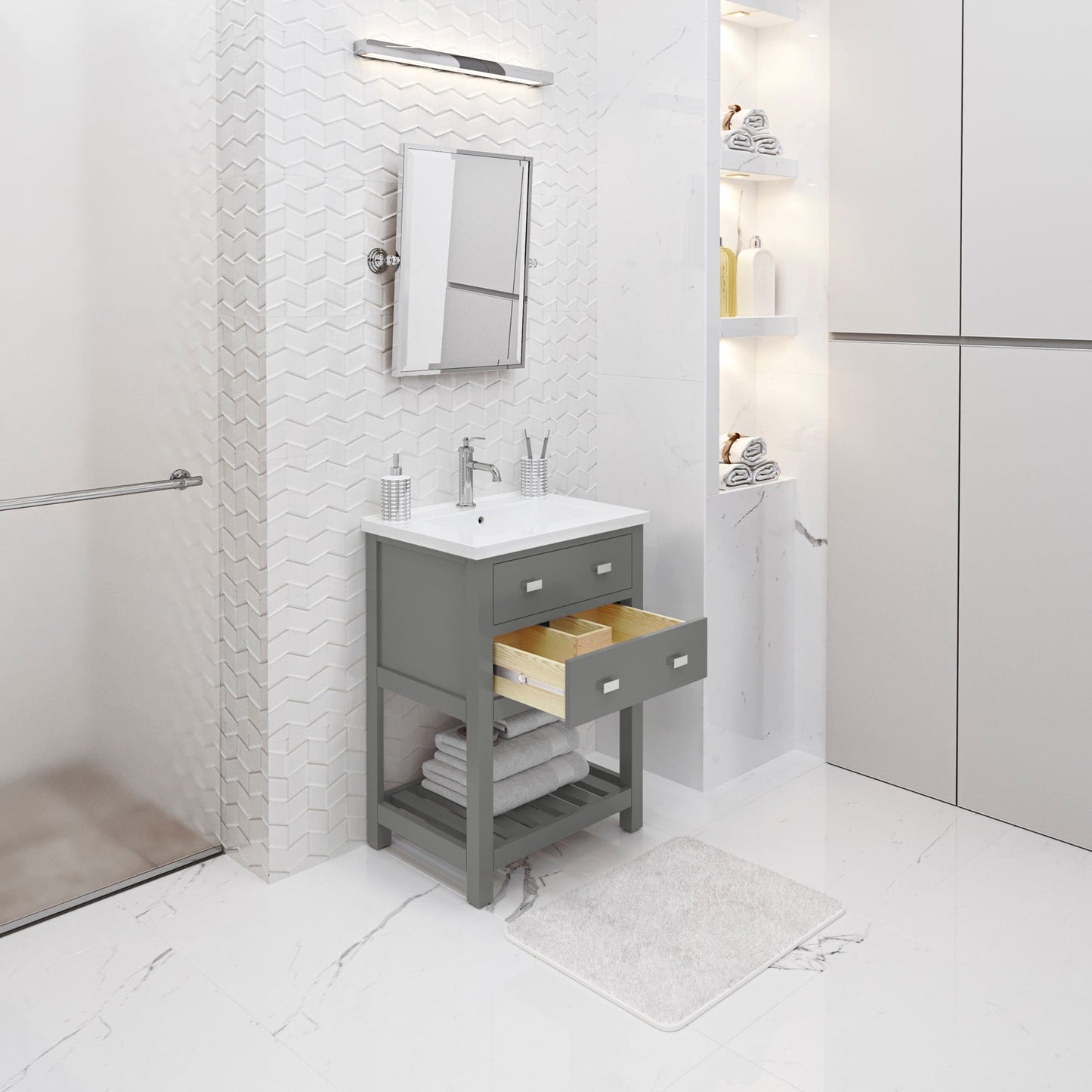 Water Creation VI24CR01CG-000NH0101 VIOLA 24"W x 34"H Cashmere Gray Integrated Ceramic Sink Vanity + Modern Single Faucet