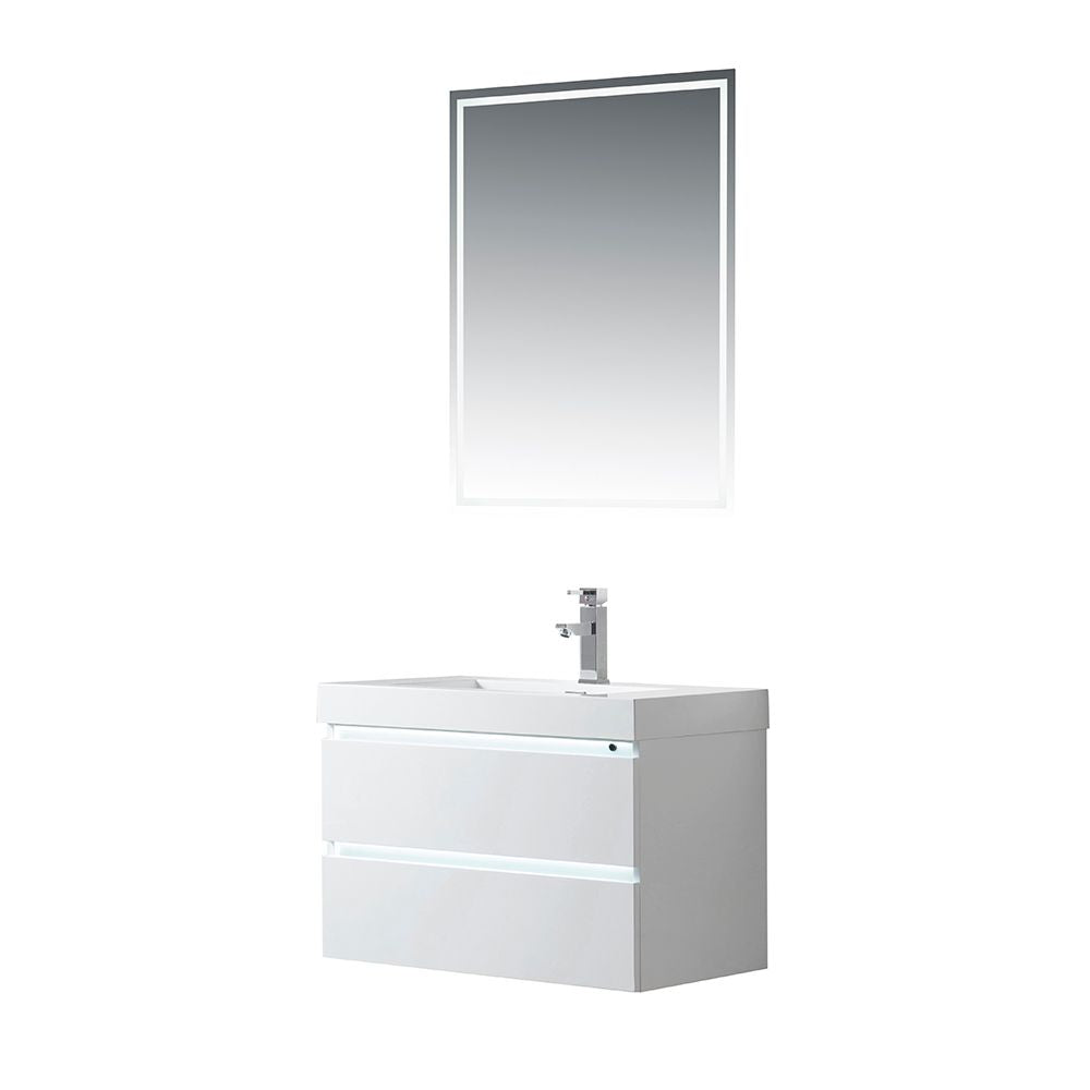 30 Inch LED Lighted Wall Hung Single Sink Bathroom Vanity in White with Resin Top - Vanity Art VA6030WL