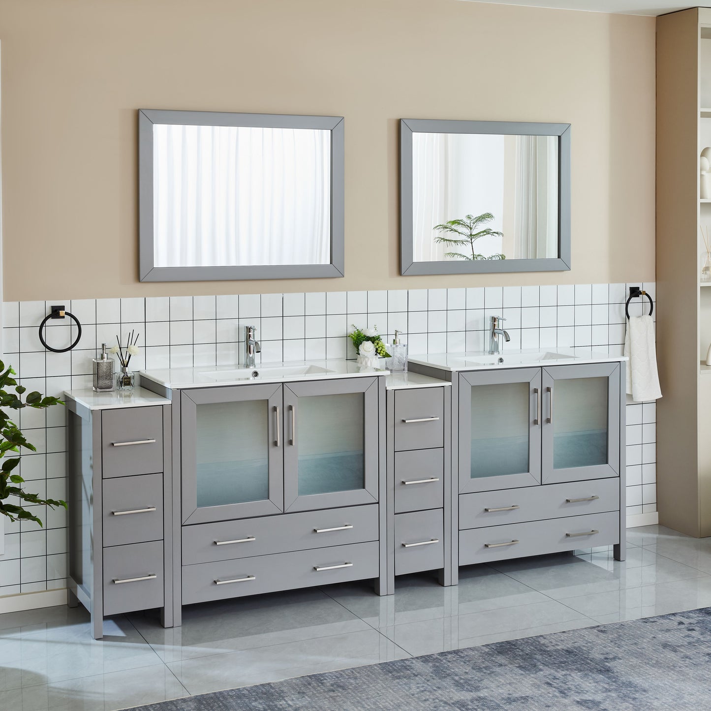 96 Inch Double Sink Bathroom Vanity in Gray with Ceramic Countertop - Vanity Art VA3036-96G