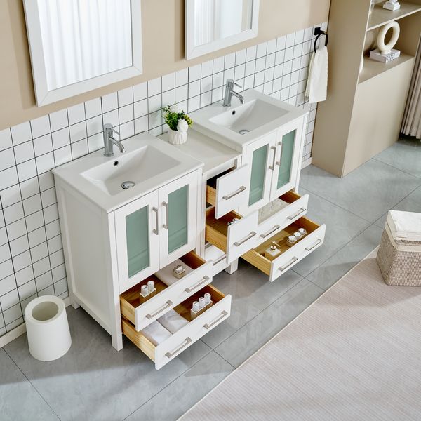 60 Inch Double Sink Bathroom Vanity in White with Ceramic Countertop - Vanity Art VA3024-60W