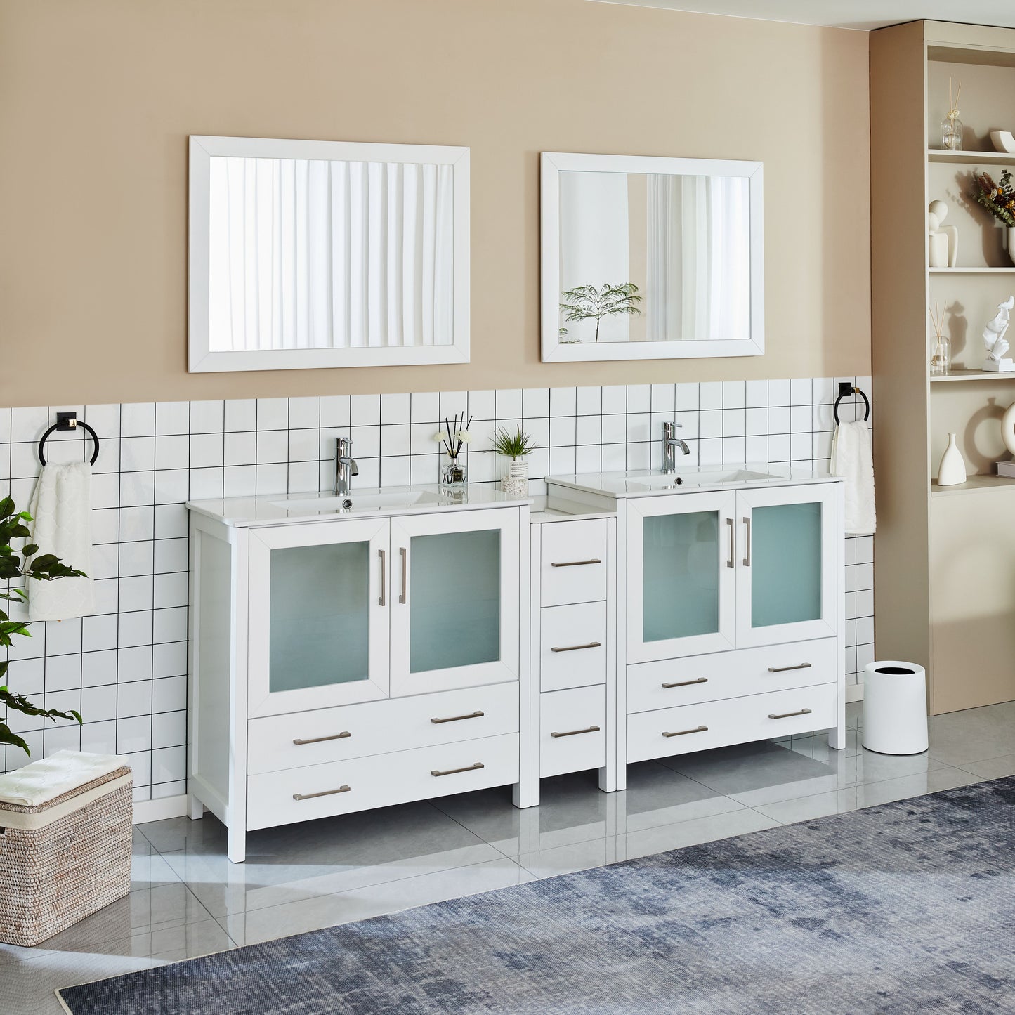 84 Inch Double Sink Bathroom Vanity in White with Ceramic Countertop - Vanity Art VA3036-84W