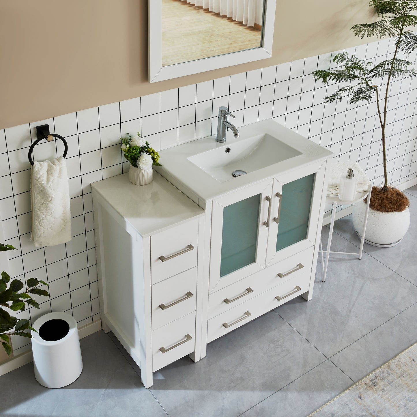 42 Inch Single Sink Bathroom Vanity in White with Ceramic Countertop - Vanity Art VA3030-42W