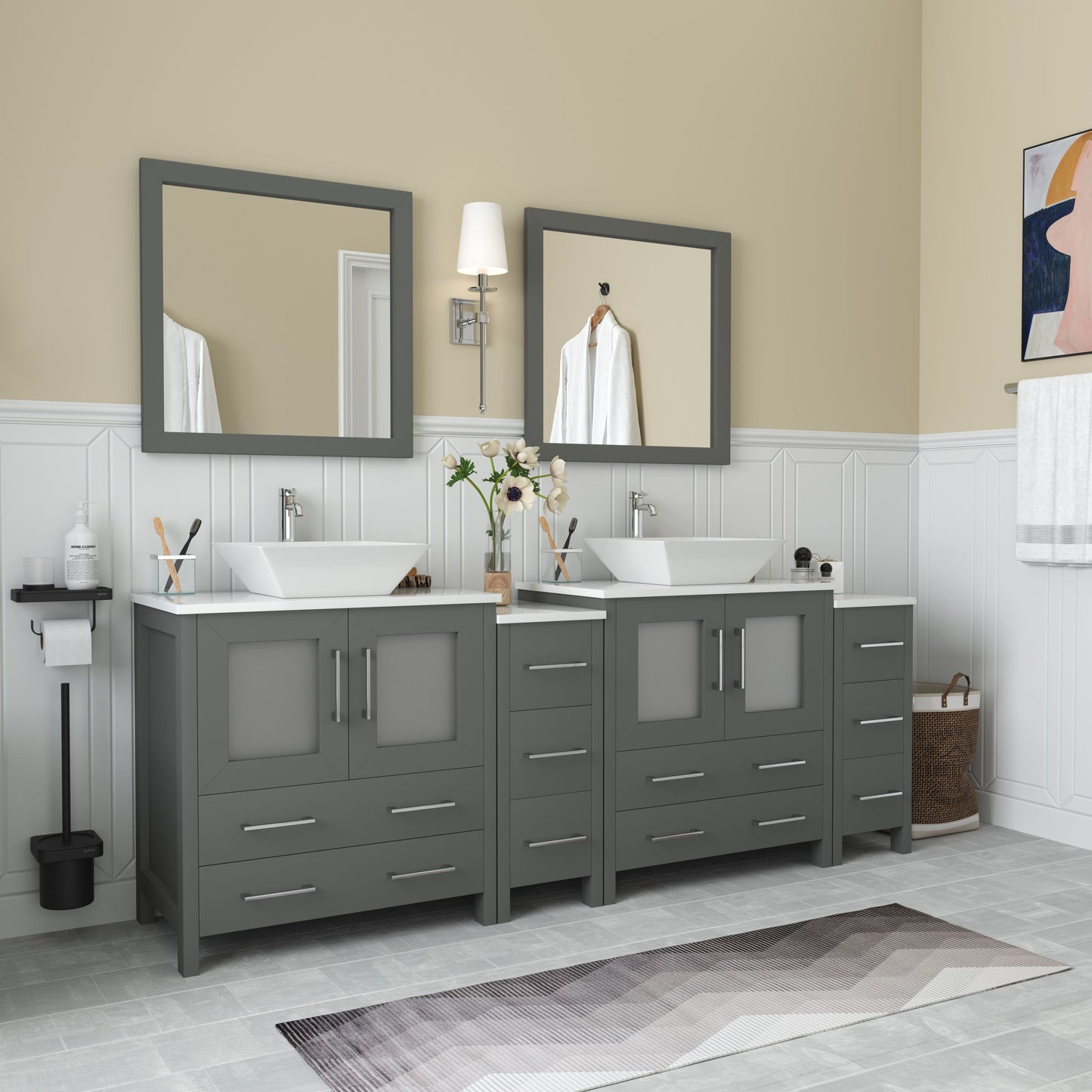 84 Inch Double Sink Bathroom Vanity in Gray with Marble Countertop - Vanity Art VA3130-84G