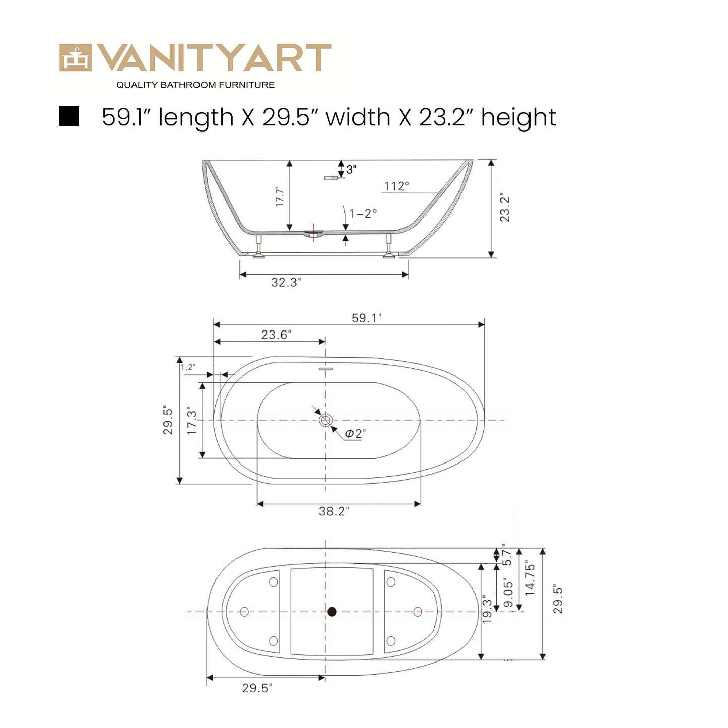 59 Inch Freestanding White Acrylic Bathtub with Overflow And Pop-Up Drain - Vanity Art VA6515-S-ORB