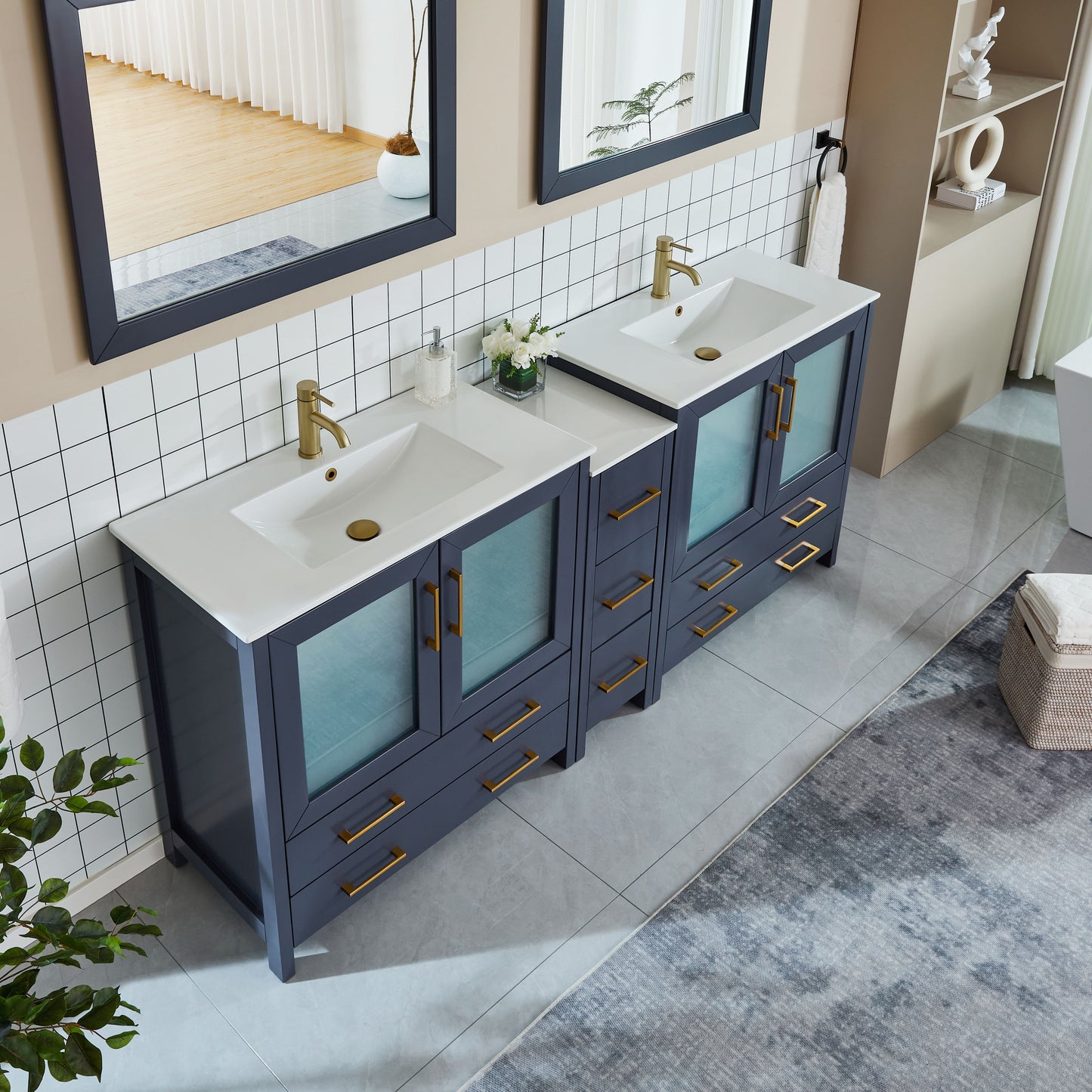 84 Inch Double Sink Bathroom Vanity in Blue with Ceramic Countertop - Vanity Art VA3036-84B