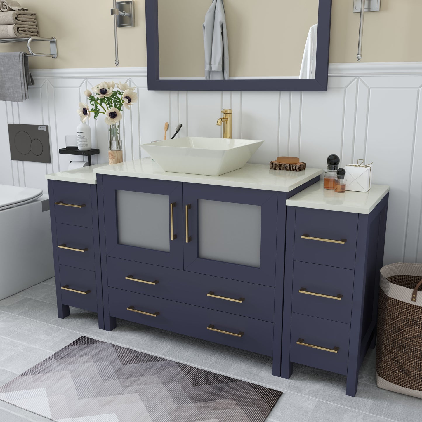 60 Inch Single Sink Bathroom Vanity in Blue with Marble Countertop - Vanity Art VA3136-60B