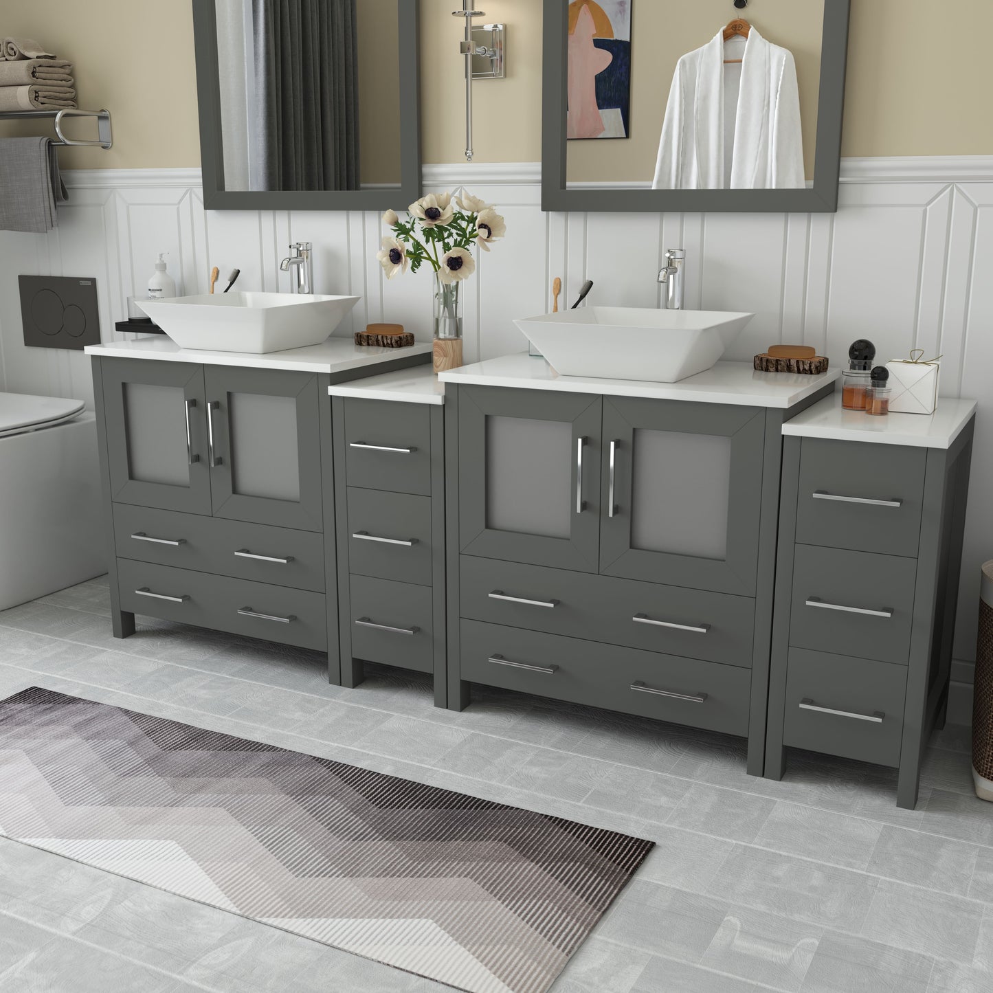 84 Inch Double Sink Bathroom Vanity in Gray with Marble Countertop - Vanity Art VA3130-84G