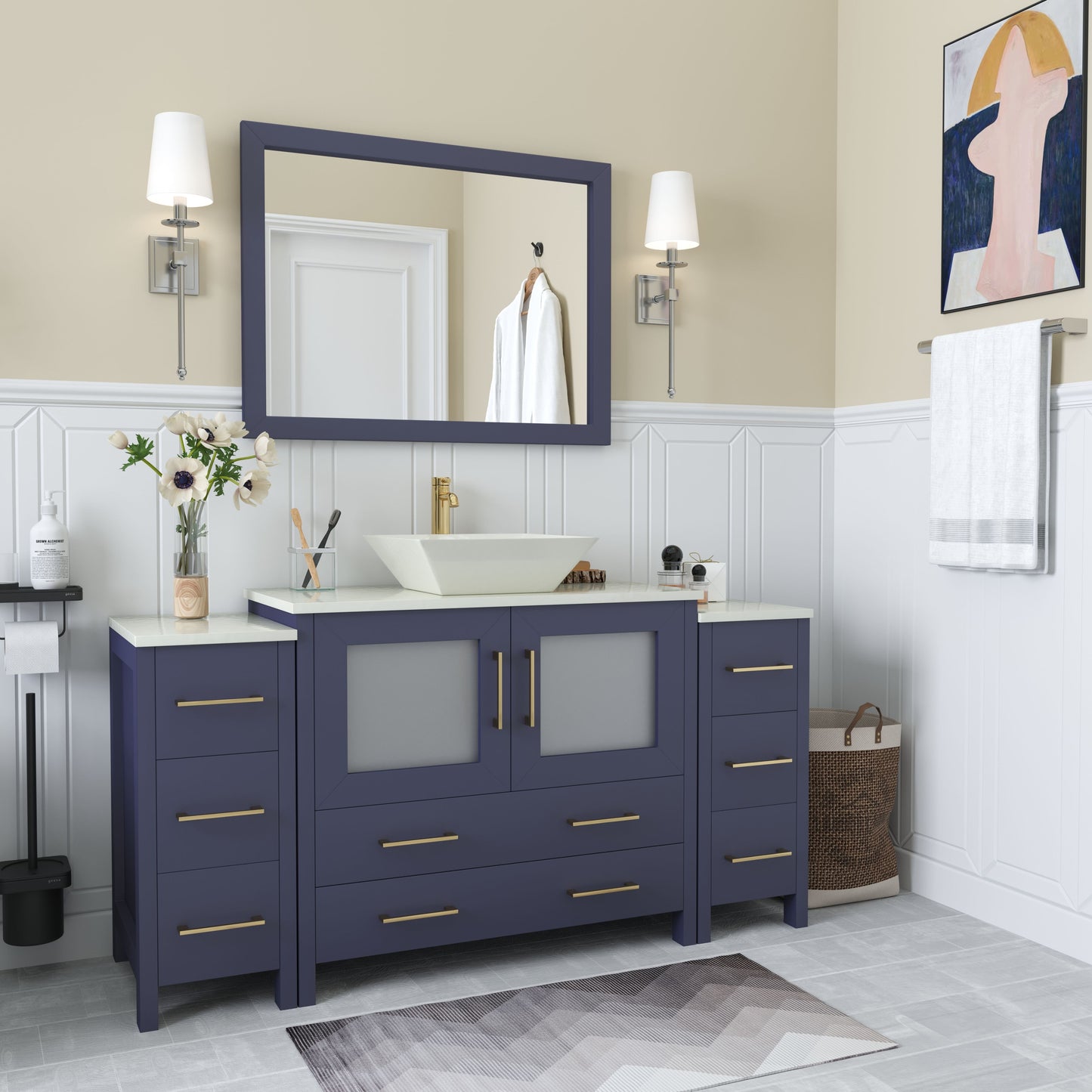 60 Inch Single Sink Bathroom Vanity in Blue with Marble Countertop - Vanity Art VA3136-60B