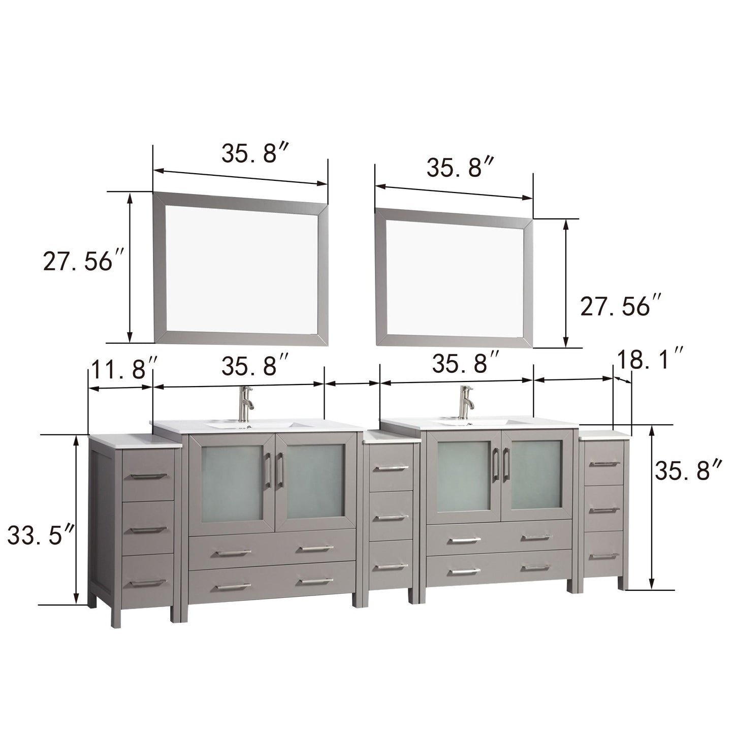 108 Inch Double Sink Bathroom Vanity in Gray with Ceramic Countertop - Vanity Art VA3036-108G