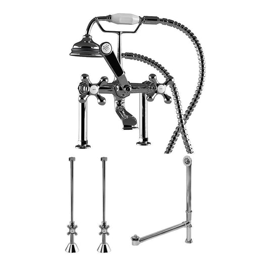 Complete Plumbing Package for Deck Mount Clawfoot Tub - Classic Telephone Style Faucet With 6" Deck Risers, Supply Lines With Shut Off Valves, Drain Assembly. Polished Chrome (CAM463D-6-PKG-CP)