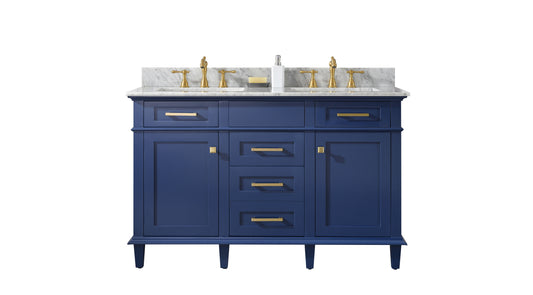 Legion Furniture WLF2254-B 54" Blue Finish Double-Sink Vanity Cabinet with Carrara White Top