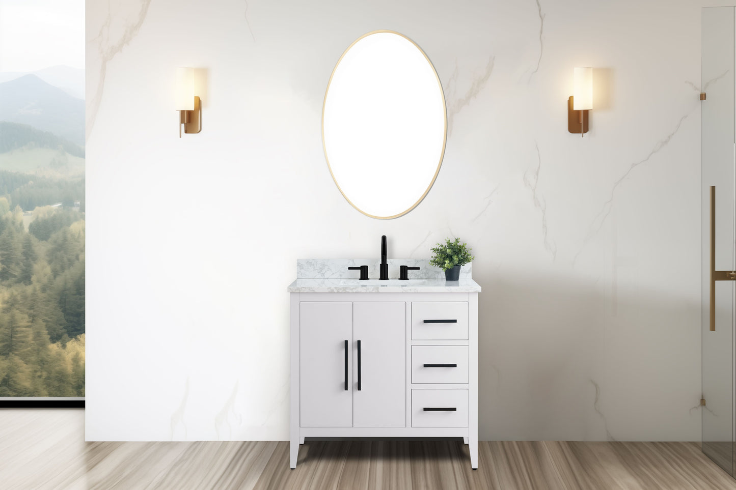 36 Inch Single Sink Bathroom Vanity in White with Marble Countertop - Vanity Art VA9036-W