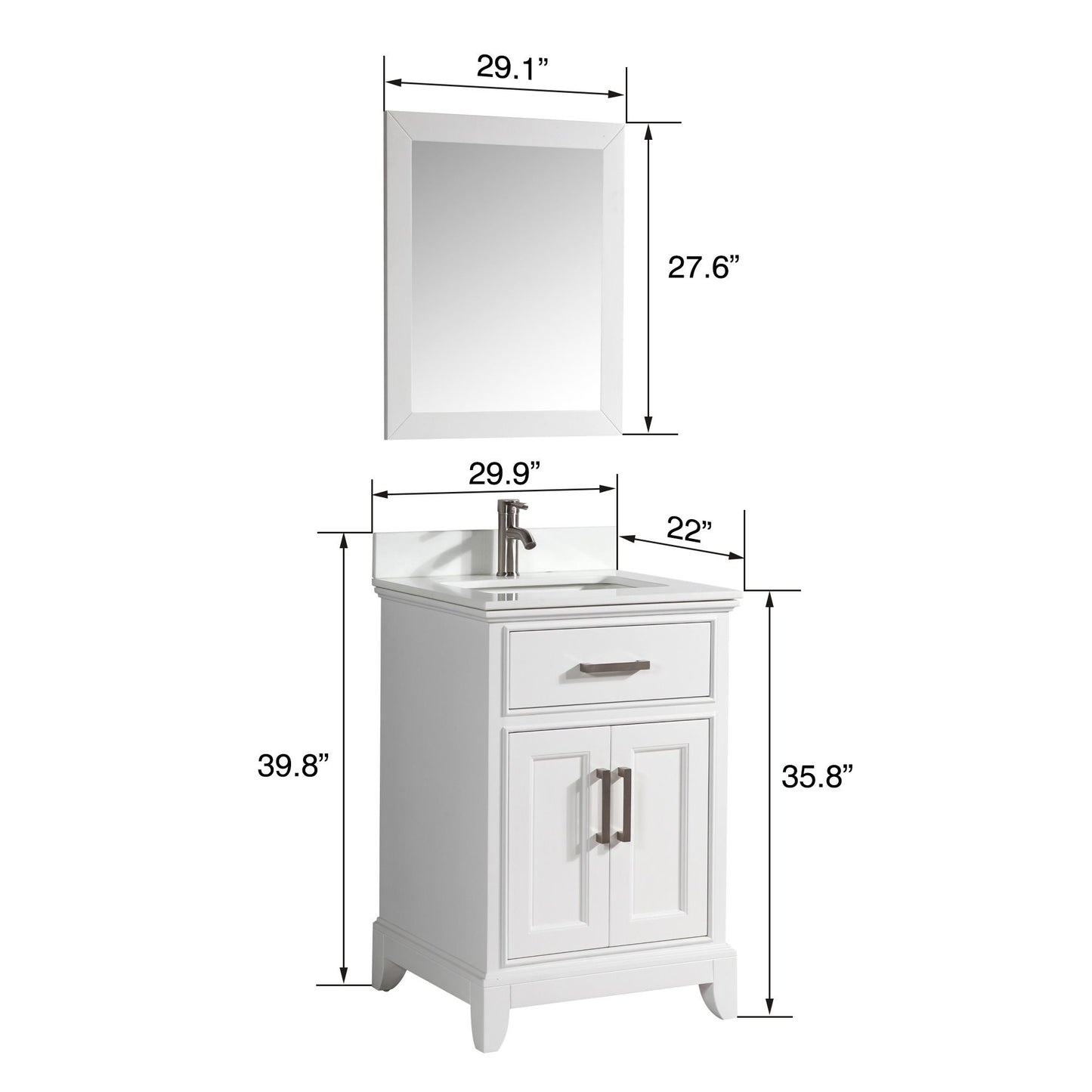 30 Inch Single Sink Bathroom Vanity in White with White Marble Countertop - Vanity Art VA1030W