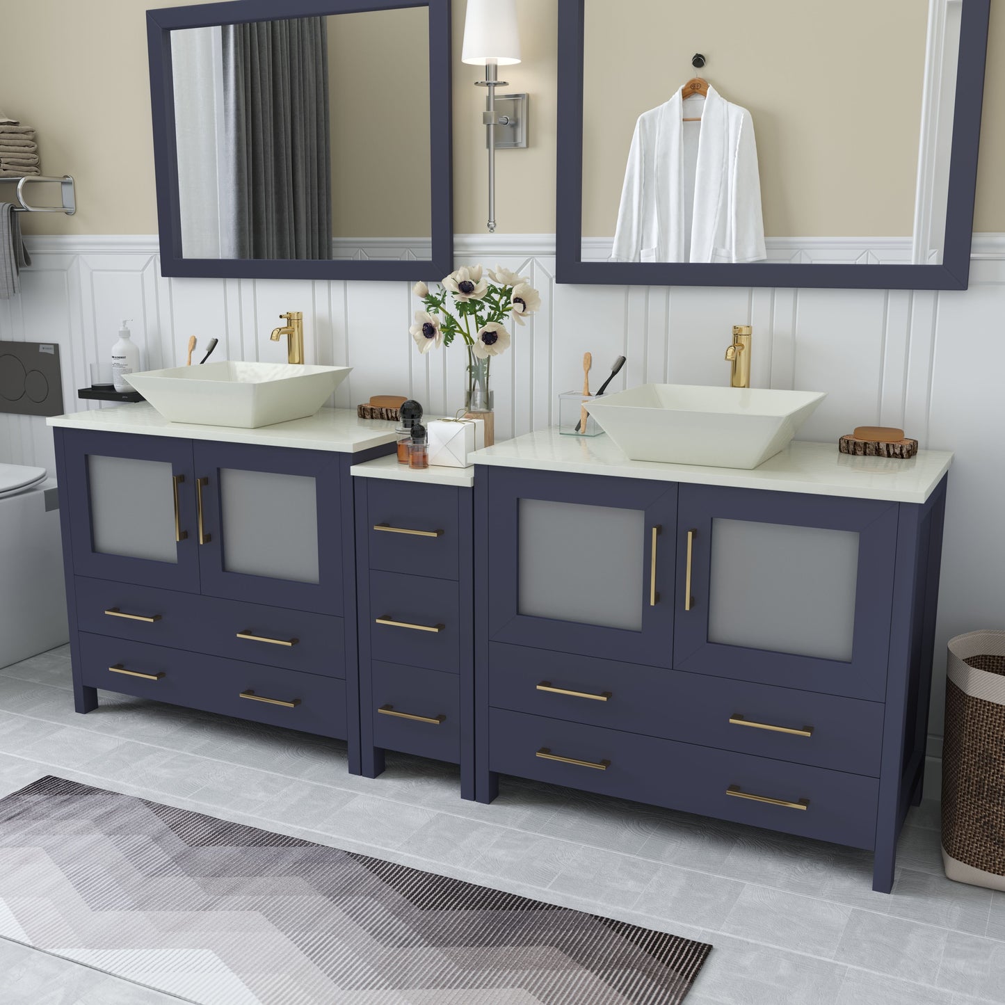 84 Inch Double Sink Bathroom Vanity in Blue with Marble Countertop - Vanity Art VA3136-84B