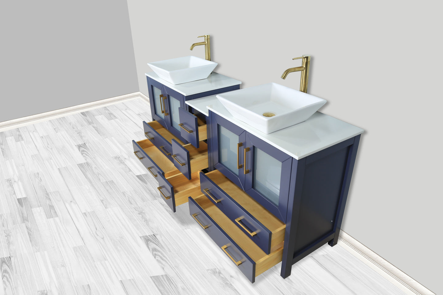 72 Inch Double Sink Bathroom Vanity in Blue with Marble Countertop - Vanity Art VA3130-72B