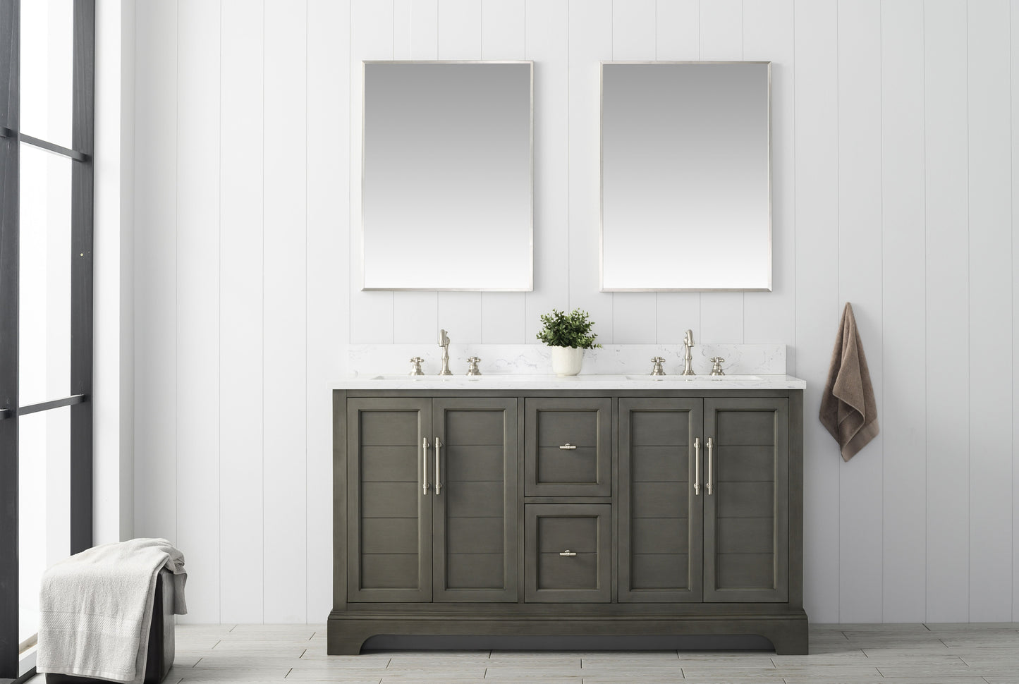 60 Inch Double Sink Bathroom Vanity in Gray with Marble Countertop & Backsplash - Vanity Art VA5060-DSG