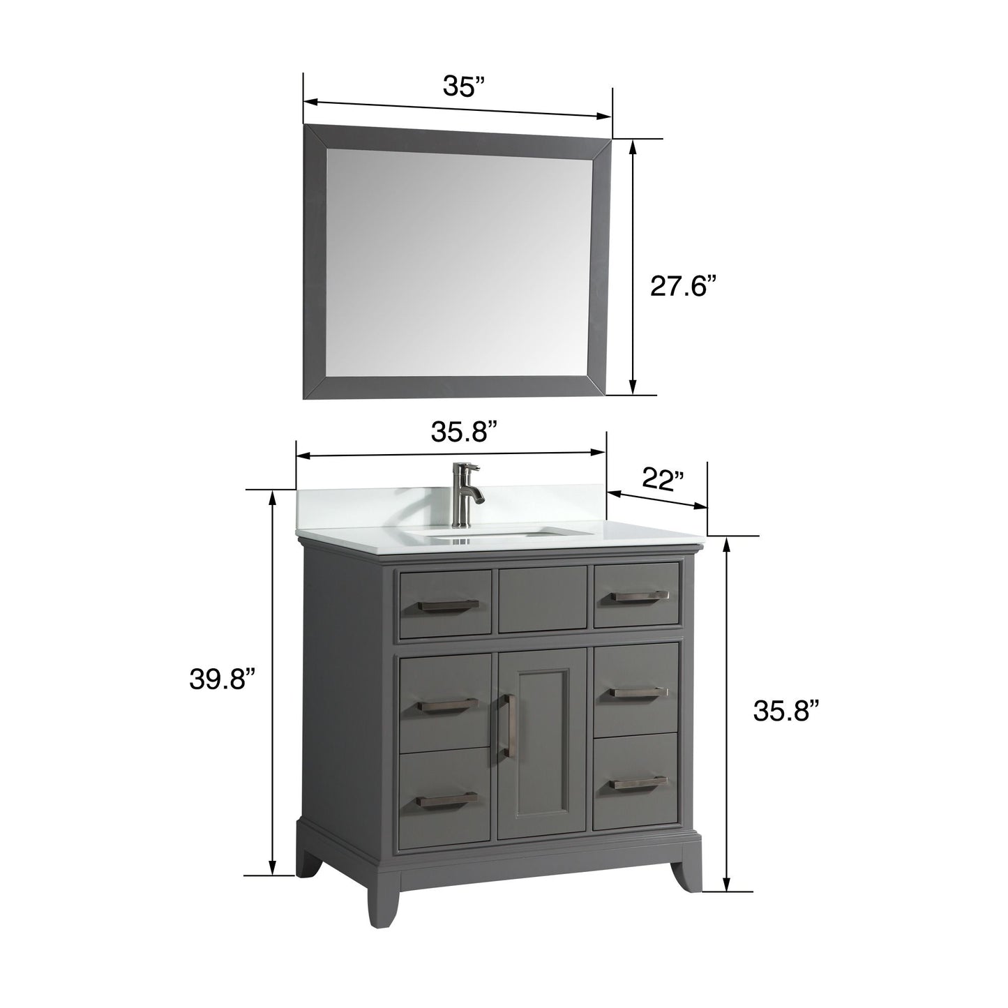 36 Inch Single Sink Bathroom Vanity in Gray with White Marble Countertop - Vanity Art VA1036G