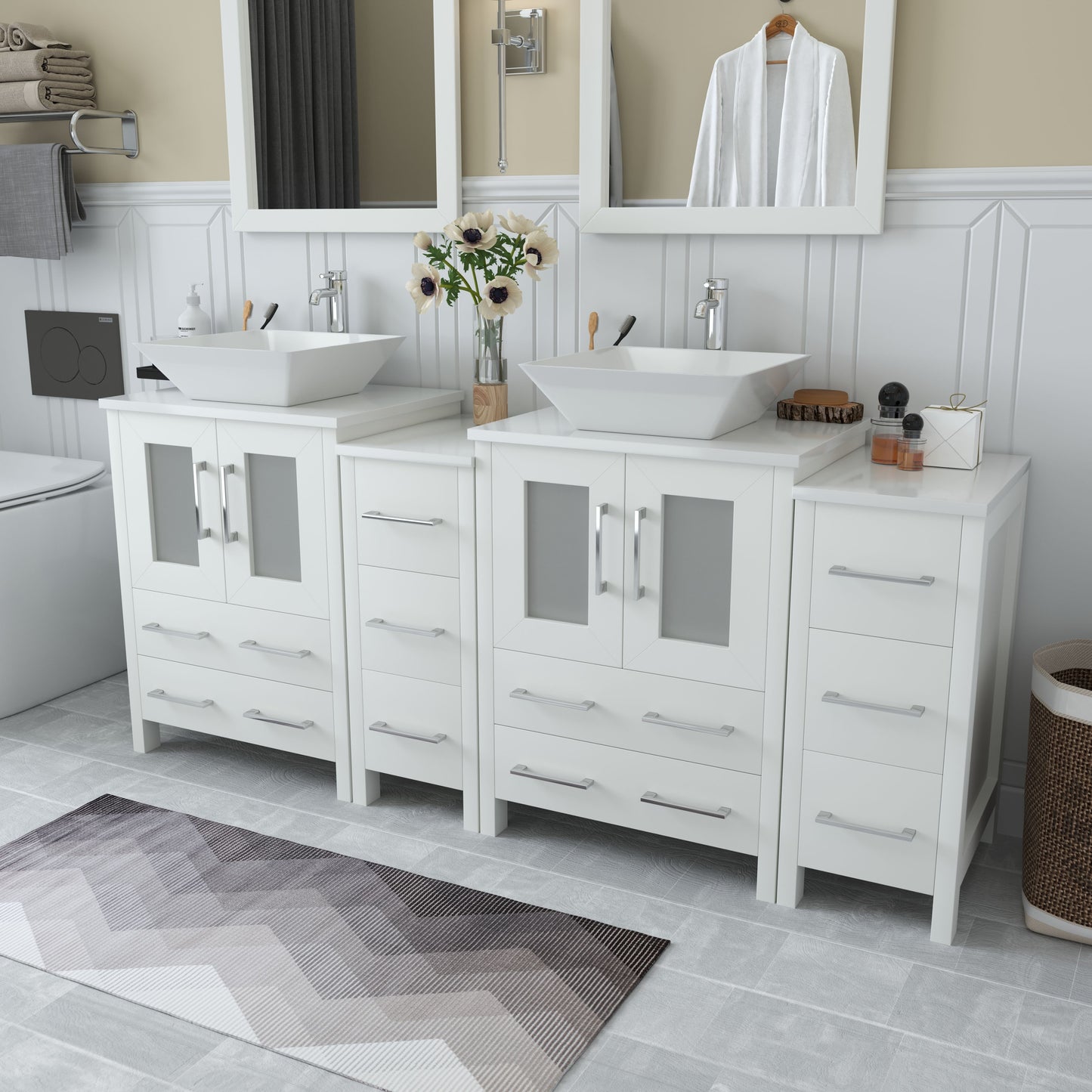 72 Inch Double Sink Bathroom Vanity in White with Marble Countertop - Vanity Art VA3124-72W