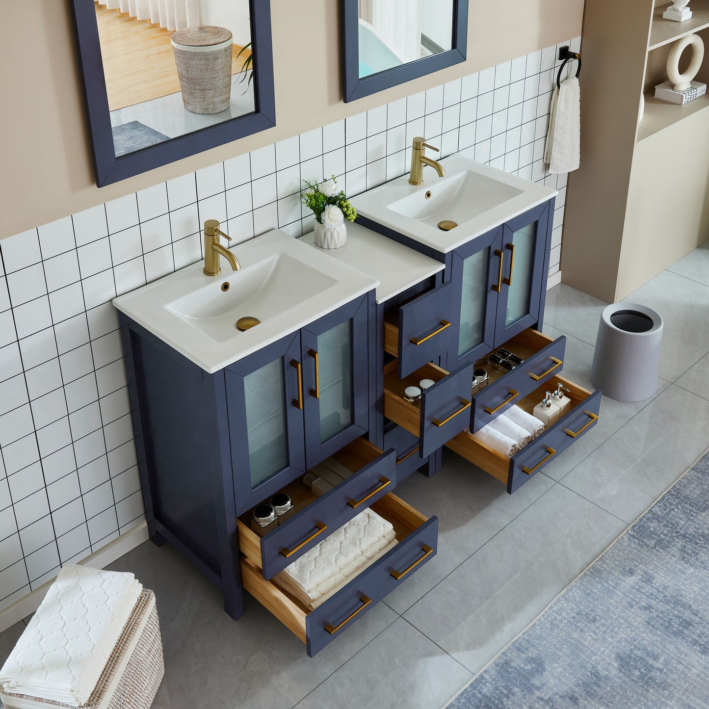 60 Inch Double Sink Bathroom Vanity in Blue with Ceramic Countertop - Vanity Art VA3024-60B