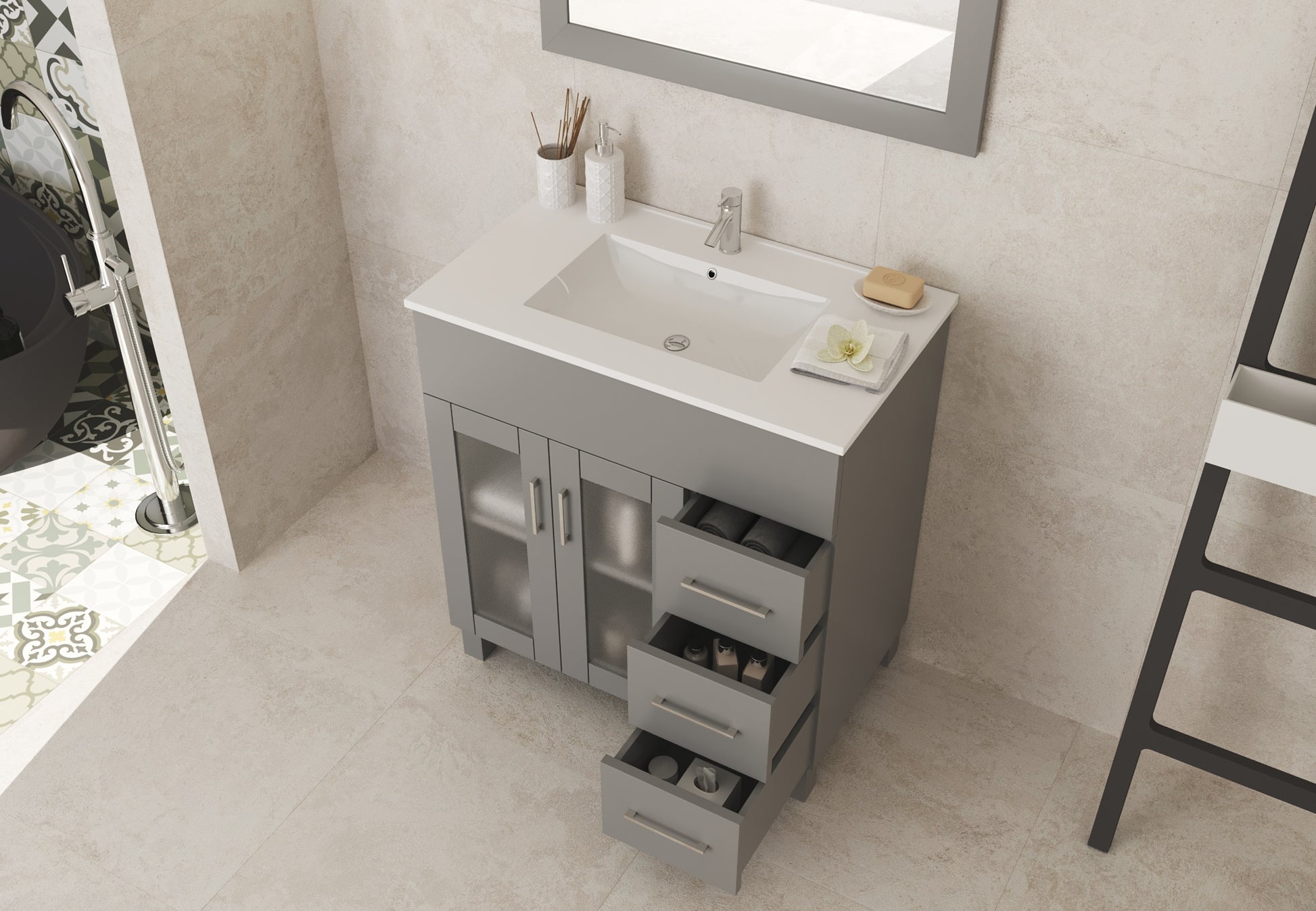 Nova 32" Grey Bathroom Vanity with White Ceramic Basin Countertop