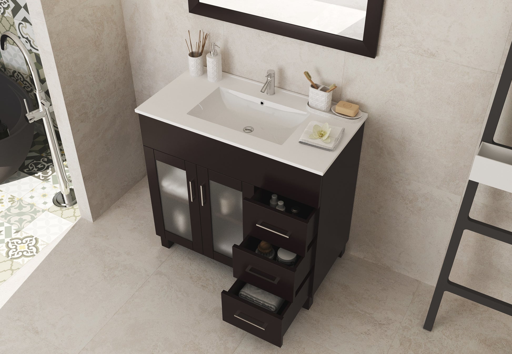 Nova 36" Brown Bathroom Vanity with White Ceramic Basin Countertop