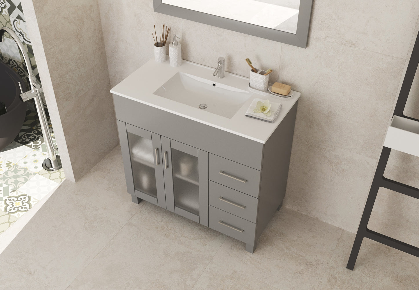 Nova 36" Grey Bathroom Vanity with White Ceramic Basin Countertop