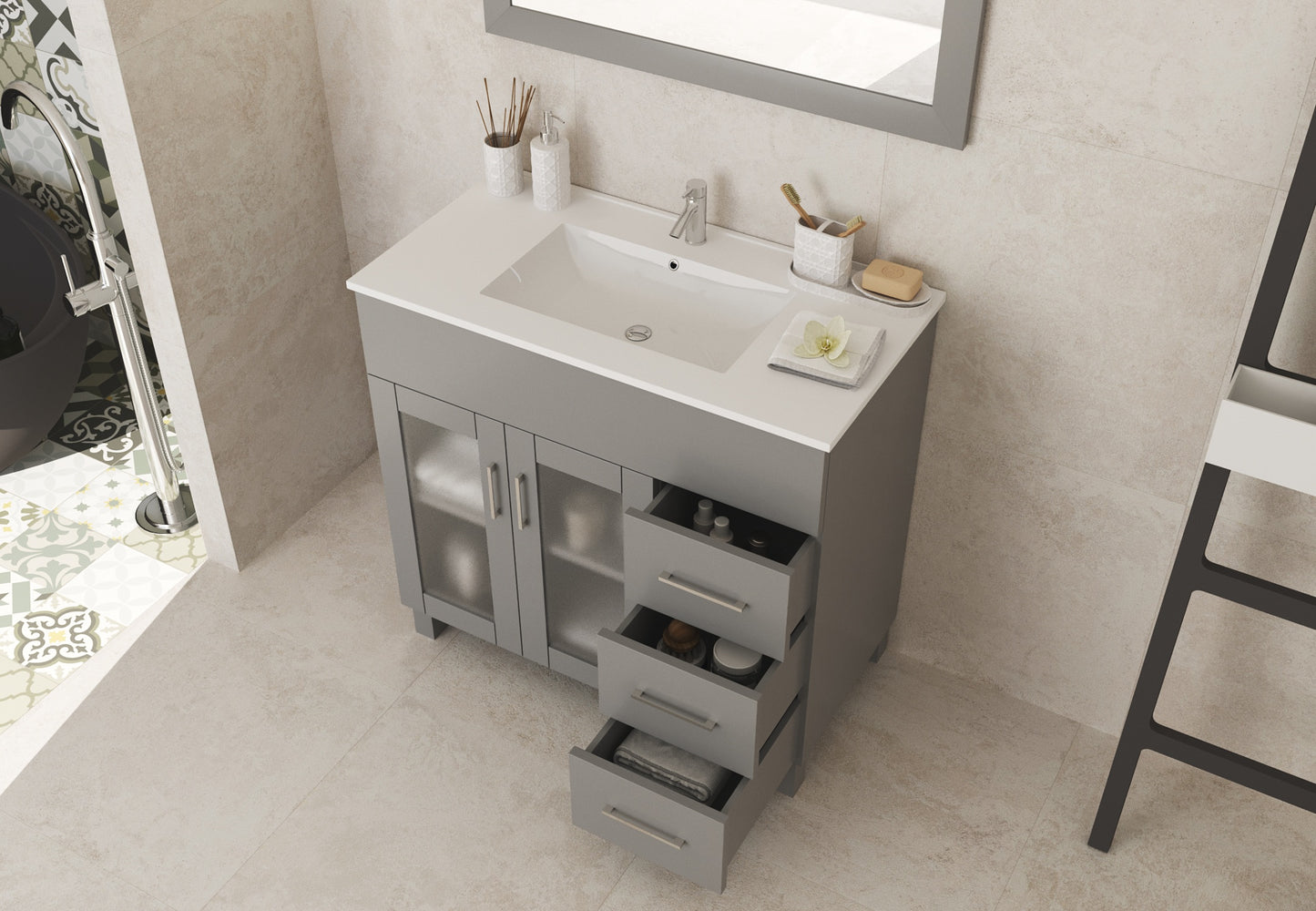 Nova 36" Grey Bathroom Vanity with White Ceramic Basin Countertop