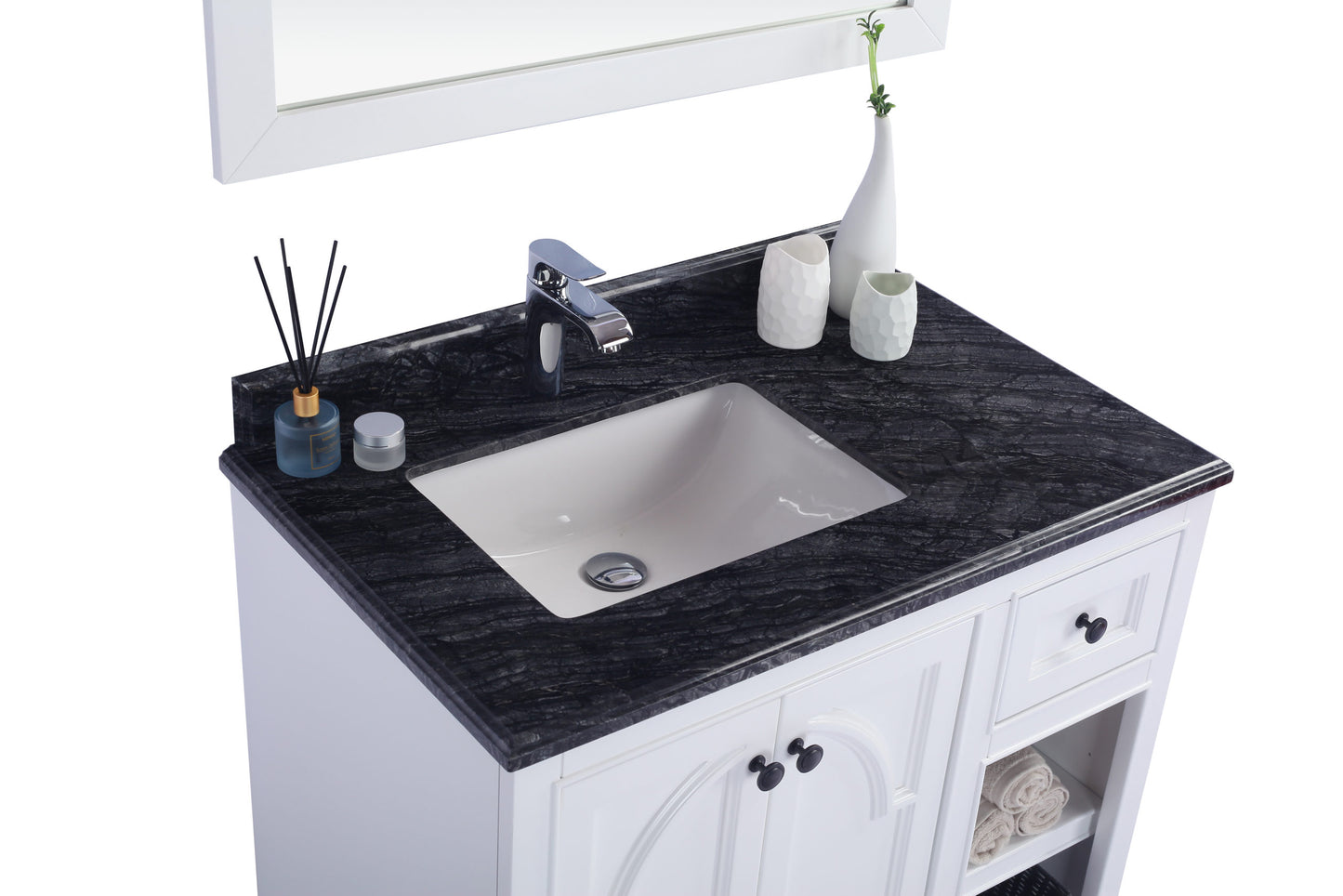 Odyssey 36" Single Hole Black Wood Marble Countertop with Left Offset Rectangular Ceramic Sink