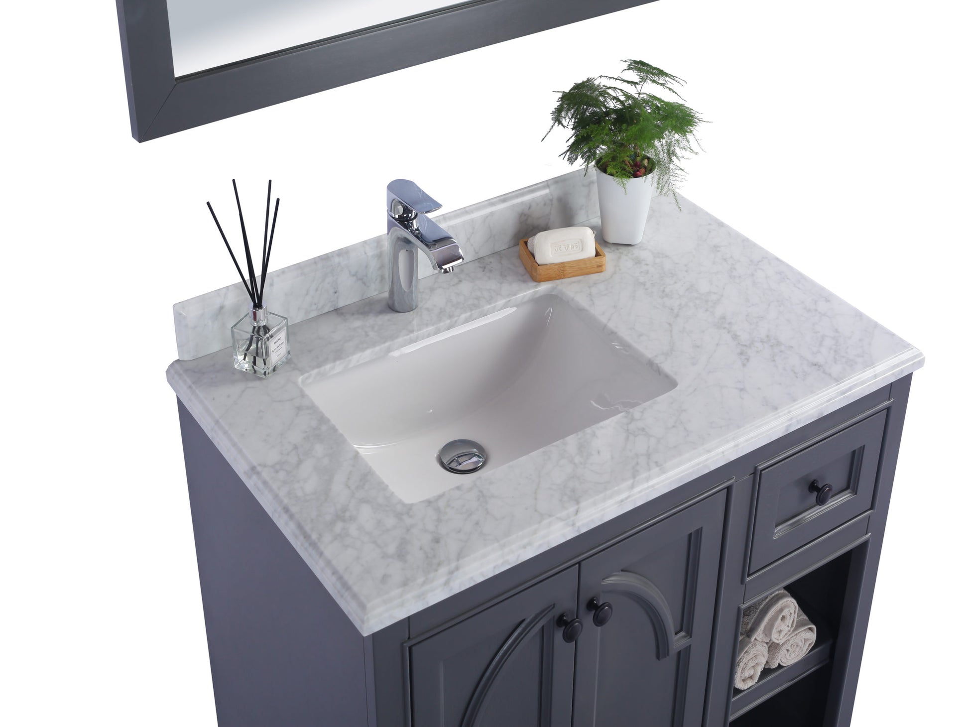 Odyssey 36" Single Hole White Carrara Marble Countertop with Left Offset Rectangular Ceramic Sink