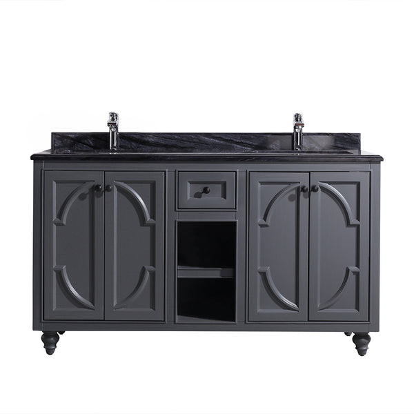 Odyssey 60 Maple Grey Double Sink Bathroom Vanity with Black Wood Marble Countertop