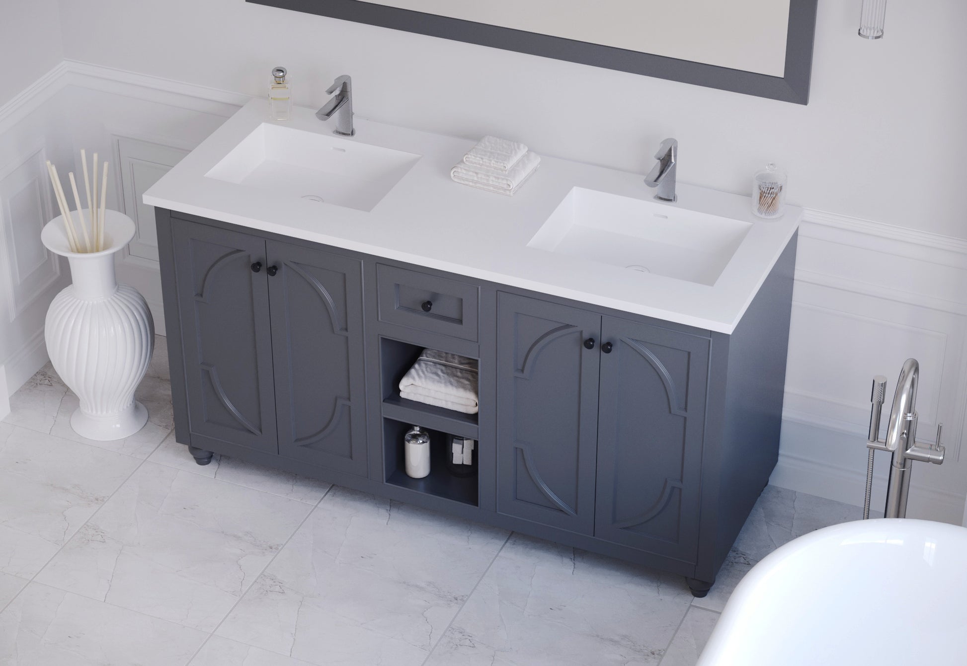 Odyssey 60" Maple Grey Double Sink Bathroom Vanity with Matte White VIVA Stone Solid Surface Countertop