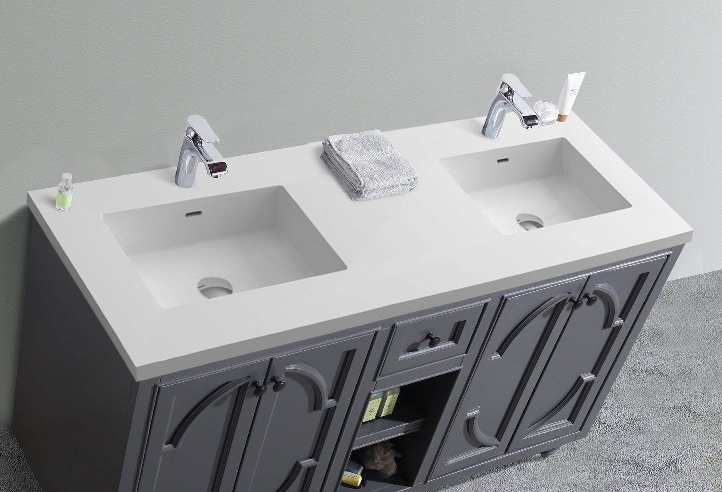 Odyssey 60" Maple Grey Double Sink Bathroom Vanity with Matte White VIVA Stone Solid Surface Countertop