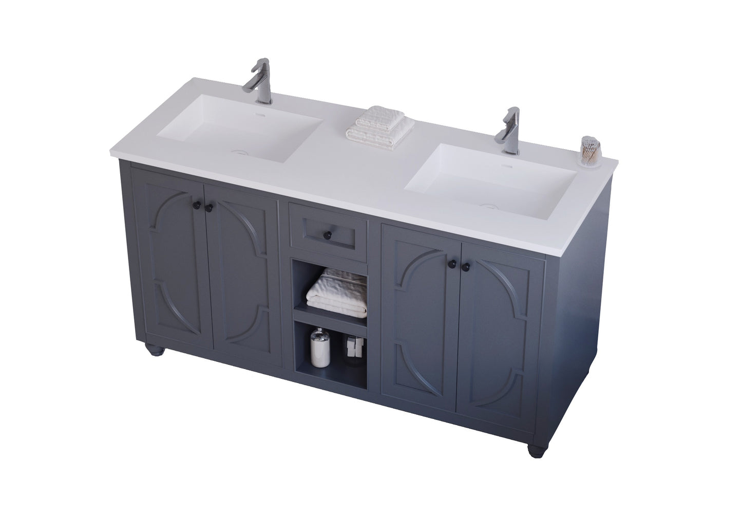 Odyssey 60" Maple Grey Double Sink Bathroom Vanity with Matte White VIVA Stone Solid Surface Countertop