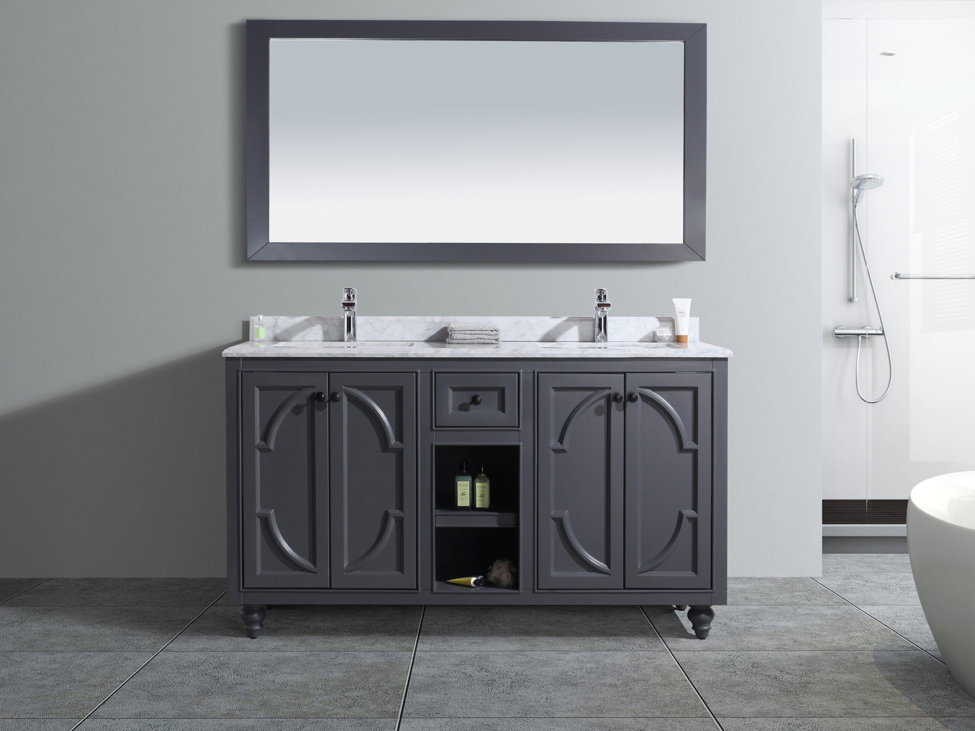 Odyssey 60" Maple Grey Double Sink Bathroom Vanity with White Carrara Marble Countertop