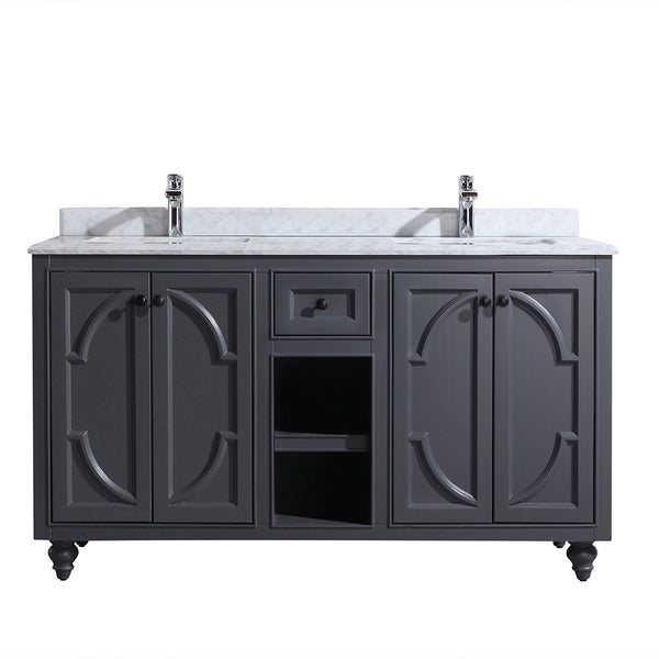 Odyssey 60 Maple Grey Double Sink Bathroom Vanity with White Carrara Marble Countertop