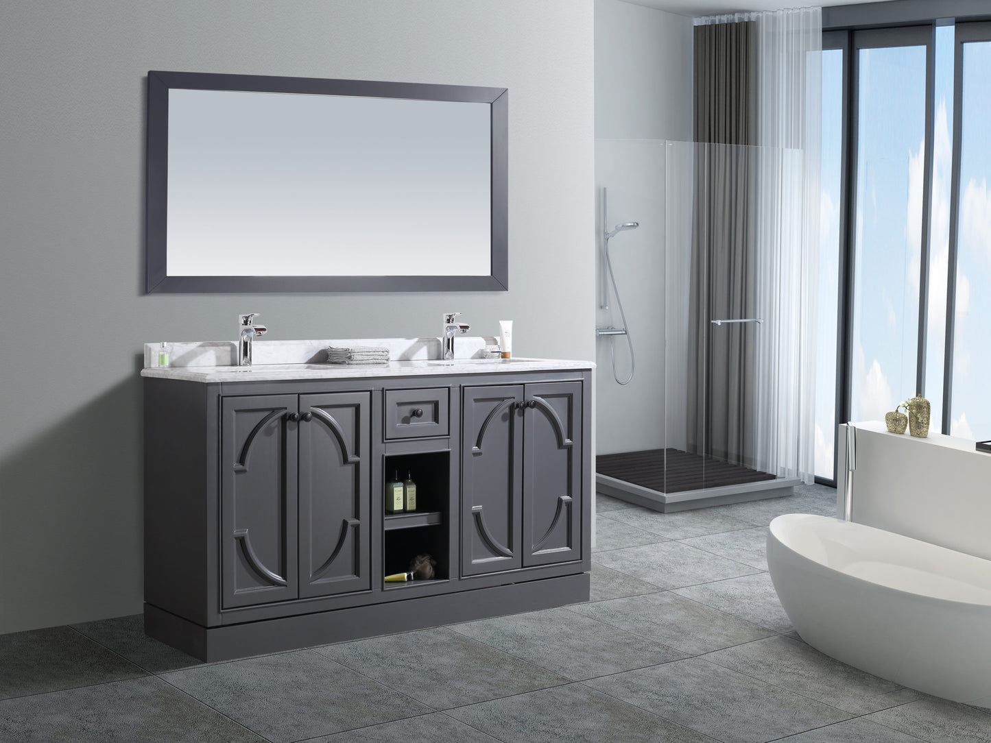 Odyssey 60" Maple Grey Double Sink Bathroom Vanity with White Carrara Marble Countertop