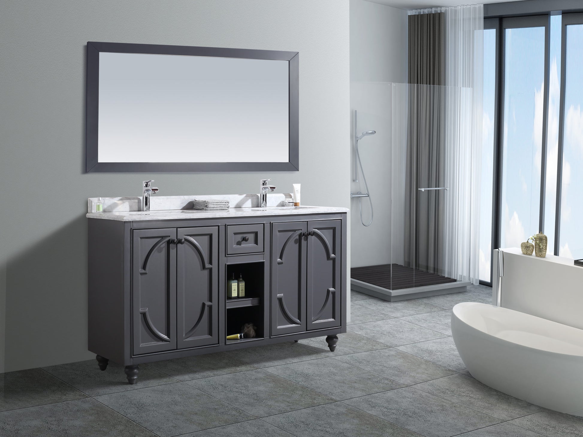 Odyssey 60" Maple Grey Double Sink Bathroom Vanity with White Carrara Marble Countertop